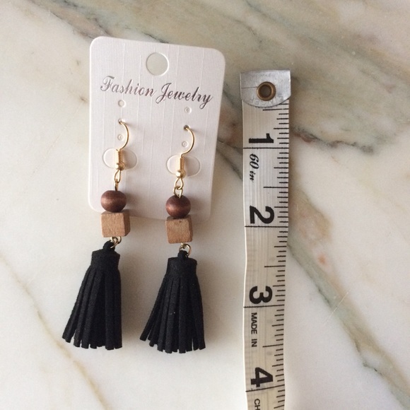 New Suede Tassel Earrings Black w/ Brown Wood Bead - Picture 2 of 4